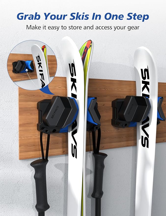 Skifavs Ski & Snowboard Wall Rack, Ski Wall Mount & Ski Rack Wall Mount for Garage Space-Saving, Winter Gear Organizer, Fits Any Ski or Snowboard, Nonslip Ski Holders, Garage Organization, 2 Pack