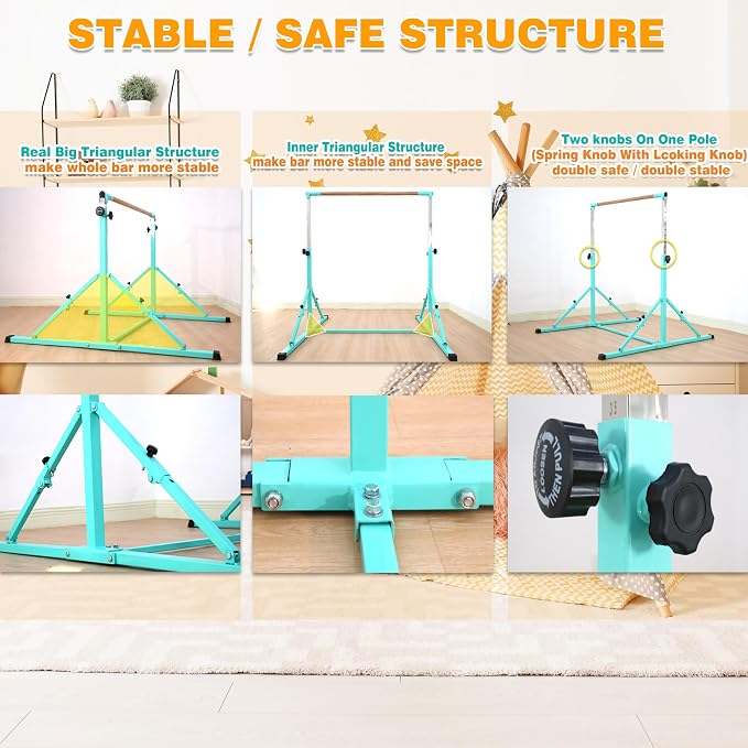 MARFULA 4FT/5FT Gymnastic Bar Set Gymnastics Kip Bar with 5 Ft Length 4Ft Inner Width 5ft Adjust Height Gymnastics Training Bar Equipment for Kids Professional Training Home and Club Use