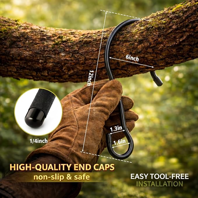Therwen 4 Pcs 12 Inch Tree Branch S Hook Heavy Duty Extra Large 1/4" Steel Metal Outside Tree Hanger for Hanging Bird Feeder, Plant, Wind Chime, Lantern, Wreath, with Vinyl End Cap, 35 Lbs Capacity