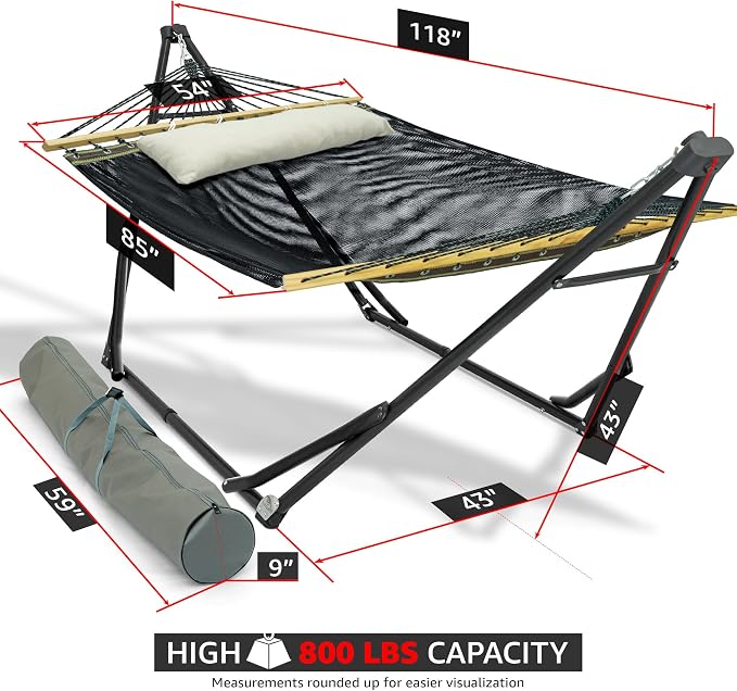 Tranquillo Unity with Hammock Stand, 800 lbs Capacity Steel Double Hammock Stand for 2 Persons, Premium Pre-Assembled Stand for Indoor Outdoor, Black