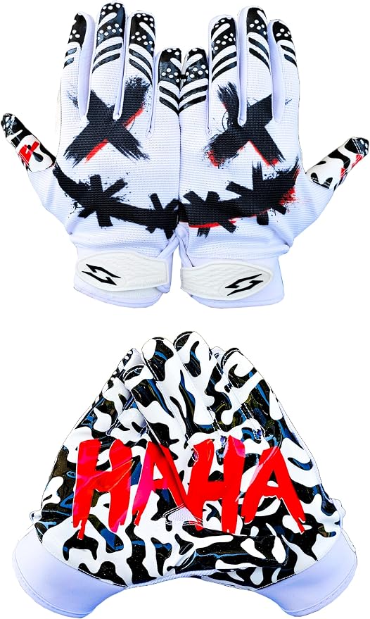 Jester Football Receiver Gloves White – HA HA X Eyes Tacky Pro Grip Palms Battle College Lineman Men Adult Youth Kids Small to XXL Sizes Unleash Your Joker Venom
