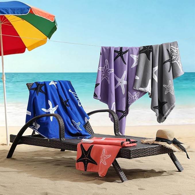 Belista Oversized Beach Towels 4 Pack,40”x70” Microfiber Thin Large Beach Towel Set for Adults Travel Camping Swimming,Turtle Starfish Them Sand Free Quick Dry Lightweight XL Pool Towels,Orange & Gray