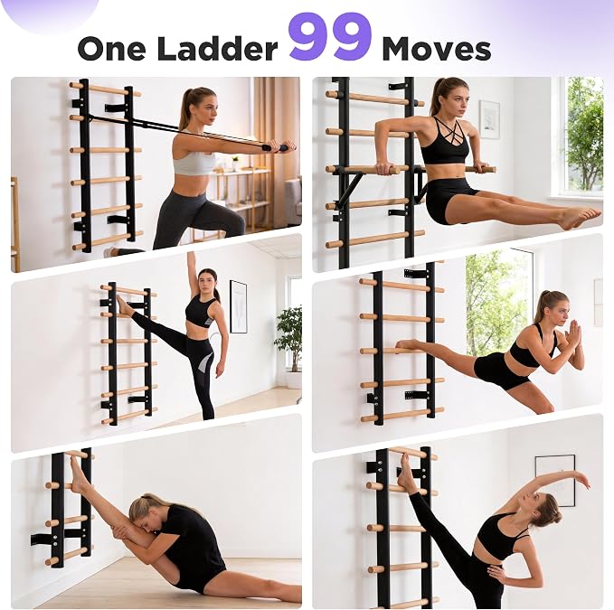 Half Height Swedish Wall Ladder Stall Bar, Space Saving Wall Mounted Solid Wood Steel Stretch Training Bar for Small Apartment Home Gym Yoga Physical Therapy