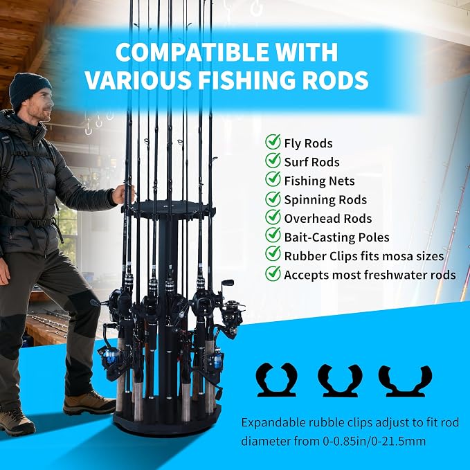 360° Rotating Wood Fishing Rod Holder, Black Round Fishing Pole Rack, Floor-Standing Fishing Rack Stores 16 Rods, Fishing Pole Storage Organizer for Garage, Basement, or Shed, Easy to Install