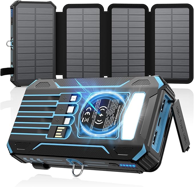 SOARAISE Solar Charger Power Bank - 48000mAh Wireless Portable Charger Built-in 4 Cables and 4 Solar Panels, PD QC 3.0 Fast Charging USB C Battery Pack with Flashlight for Camping Travel (Blue)