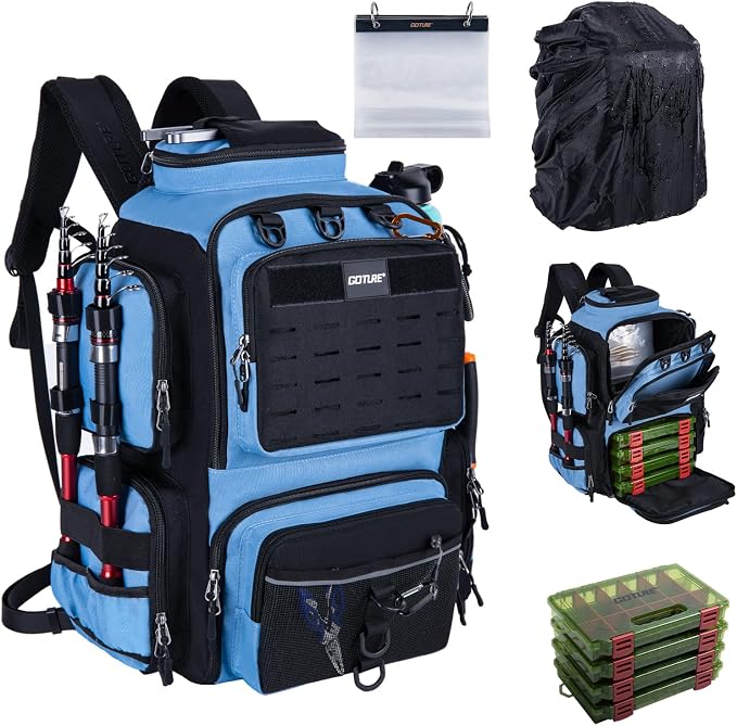 Goture Fishing Backpack with 4 Tackle Boxes,900D Water-Resistant Tackle Backpack with Rod Holders,SBS Zippers,45L Large Tackle Storage Gear Bag with Rain Cover,Bottle Holder for Travel Camping Hiking