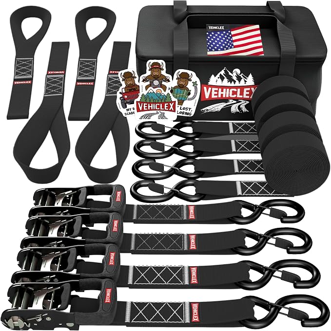 Vehiclex 1.5" x 15 ft 4,400 lb Heavy Duty Ratchet Tie Down Straps with Soft Loops – 4PK for Cargo & Equipment – Black