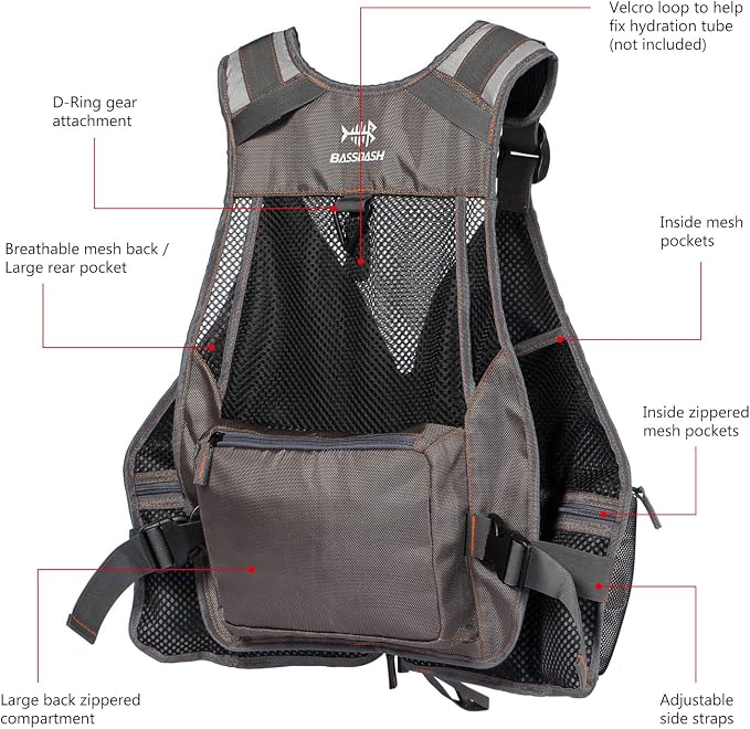 BASSDASH Strap Fishing Vest Adjustable for Men and Women, for Fly Bass Fishing and Outdoor Activities