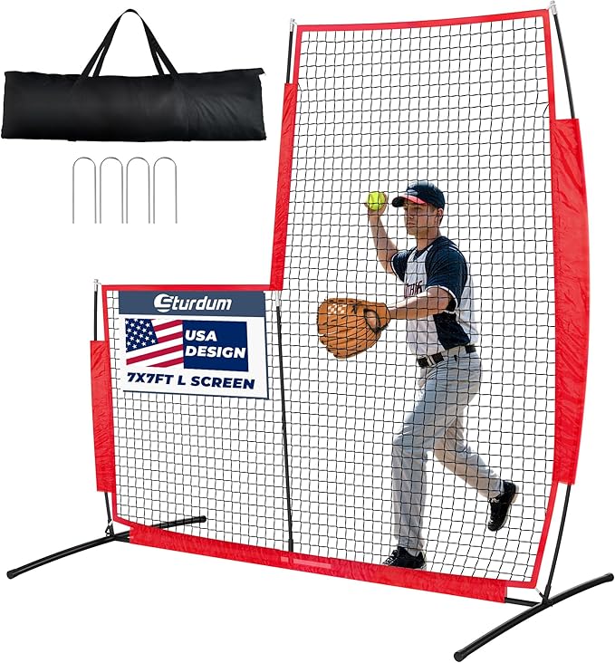 Baseball L Screen for Batting Cage, 7x7ft Pitcher Protector Net for Pitchers Protection, Includes Portable Carry Bag, 4 Ground Stakes