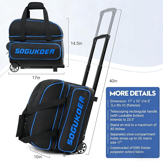 2 Bowling ball Bag with Wheels, Lightweight Trolley Double Ball Bowling bag with Large Separate Shoe Compartment and Oversized Accessory Pocket, Retractable Handle Extends To 39.5"