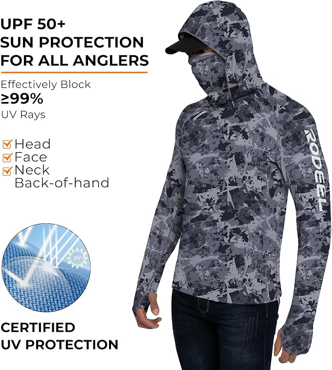 Rodeel Men's UPF 50+ Performance Fishing Hoodie, Long Sleeve Sun Protection Athletic Quick-Dry Breathable T-Shirt