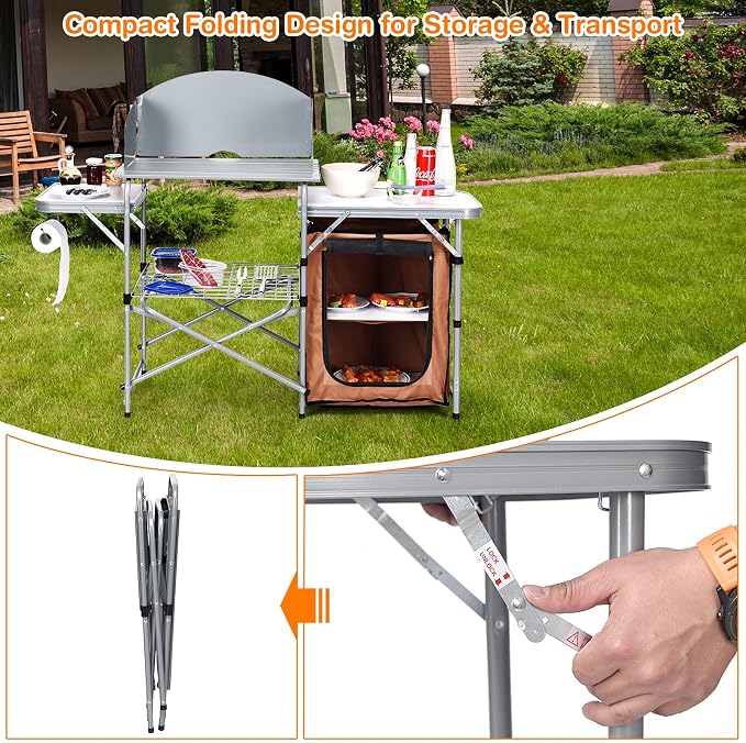 Tangkula Folding Camping Kitchen Table, Aluminum Portable Camping Grill Table with Windscreen, Cook Station, Outdoor Quick Set-up Camp Cook Table with Storage Organizer Shelves, Carry Bag