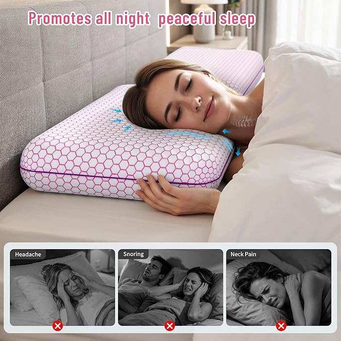 CushyOasis Memory Foam Pillows for Side, Back and Stomach Sleepers, Set of 2, Bed Pillow with Washable Cover and Breathable Mesh, Bed Pillow for Sleeping (Pink，King Size)