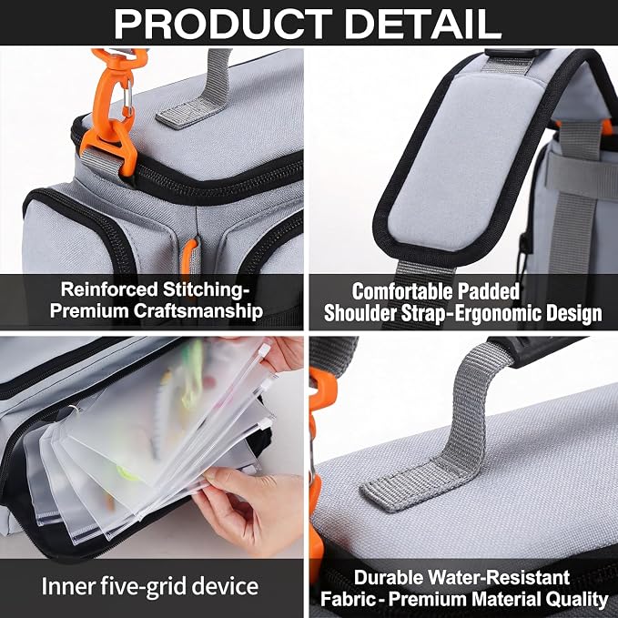 Fishing Tackle Bags with Tackle Box,Waterproof,Padded Shoulder Strap,Gear Storage,Fish Bag with 136 Pcs Fishing Lures Kit,Fish Hook Remover Tool,Fish Lip Gripper,Fishing Plier,Gifts for Men (Gray)