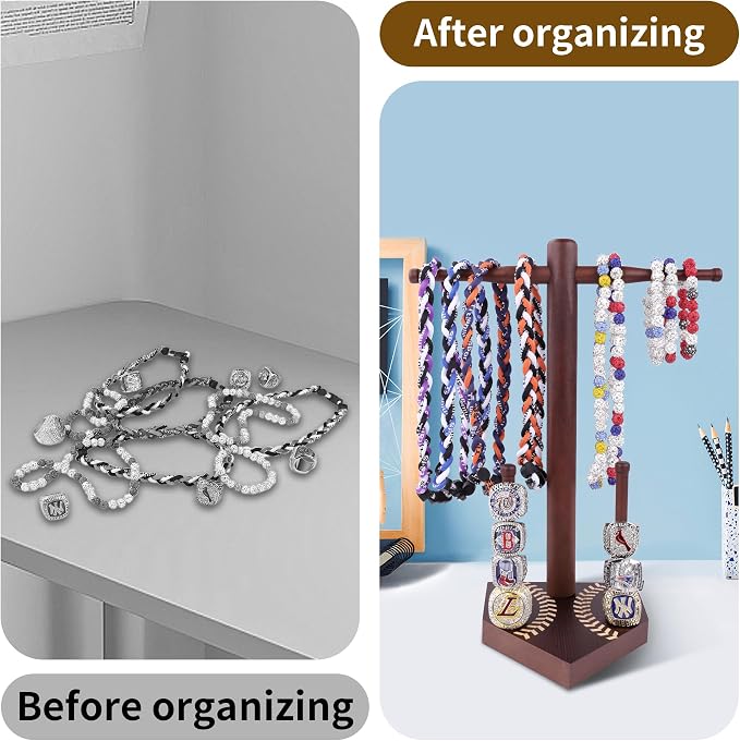 Baseball Ring Display Holder for Championship Rings & Necklaces, Wooden Sports Jewelry Organizer with Bat Stand for Baseball Softball Players, Athlete Gift Display Case for Rings Bracelets Medals
