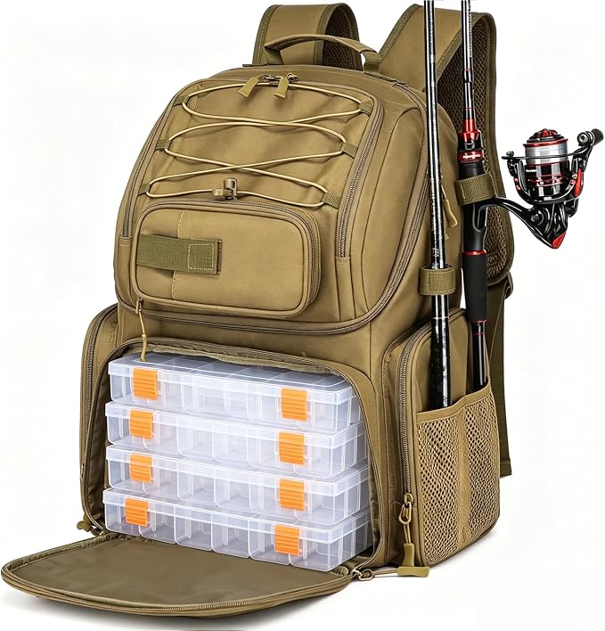 HAMBOLY Fishing Backpack with Tackle Boxes, 50L Fishing Tackle Bag with Cooler & Rod Holders, Waterproof Tackle Bag for Men