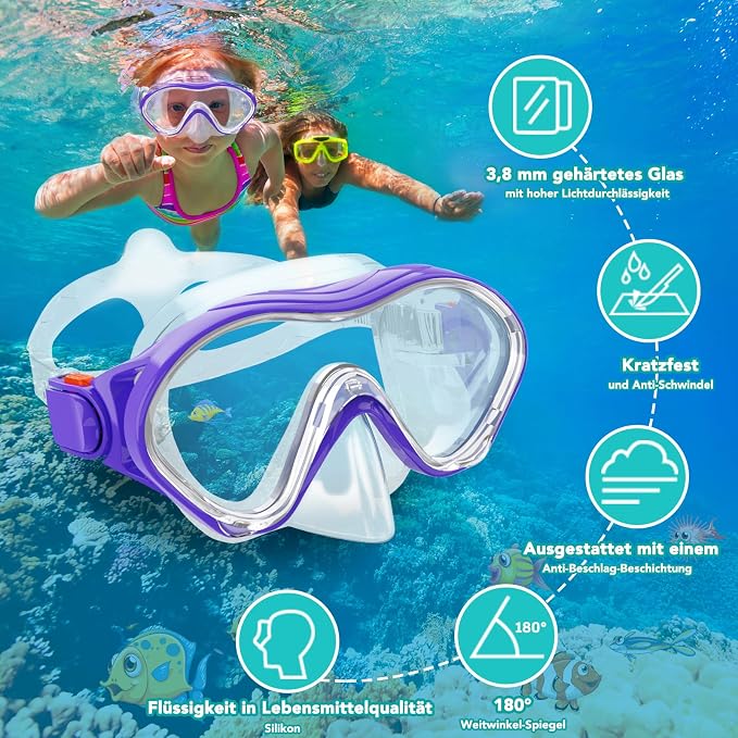 Snorkeling Gear for Kids with Foldable Silicone Full Dry Snorkel, Kids Snorkel Set Anti Leak Youth Junior Snorkeling Package Diving Mask Soft Tube with Mesh Bag Scuba Swimming Goggles