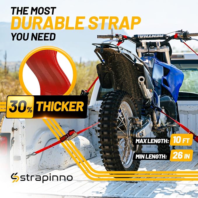 Strapinno Retractable Ratchet Straps (4-Pack), 1 in x 10 ft, 1,500LBS Break Strength, Most Durable Straps and Core, Auto Self Retracting Tie Downs for Truck, Moving, Motorcycle, Bike, Jetski, Kayak