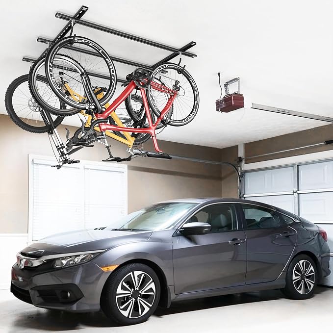TORACK Ceiling Bike Rack for Garage, Ceiling-Mounted Bicycle Storage Hooks for 3 Bikes (Horizontal) or 6 Bikes (Vertical), Adjustable Overhead Bicycle Hooks for Mountain, Road Bike