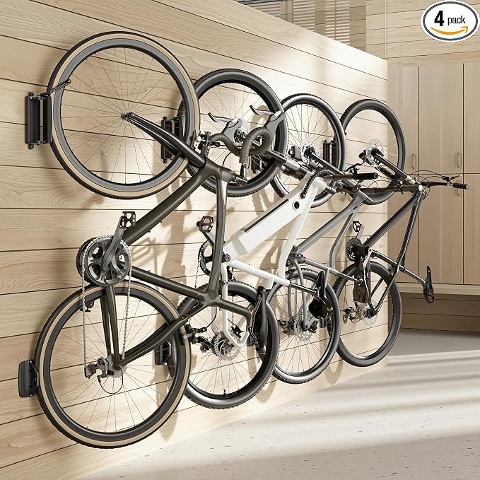 PEGZONE 4 Pack Bike Rack Garage, Bike Wall Mount Heavy Duty, Holds 77 Lbs, Swivel Bike Hangers for Garage, Adjustable Indoor Bike Storage for Bedroom Home Office, 4 Pack