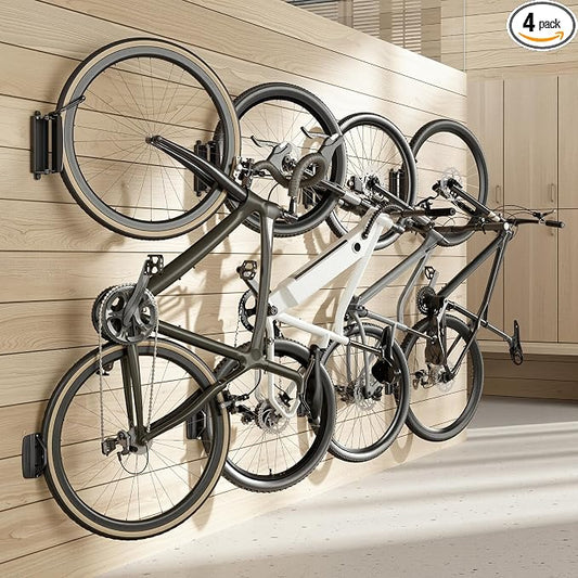 PEGZONE 4 Pack Bike Rack Garage, Bike Wall Mount Heavy Duty, Holds 77 Lbs, Swivel Bike Hangers for Garage, Adjustable Indoor Bike Storage for Bedroom Home Office, 4 Pack