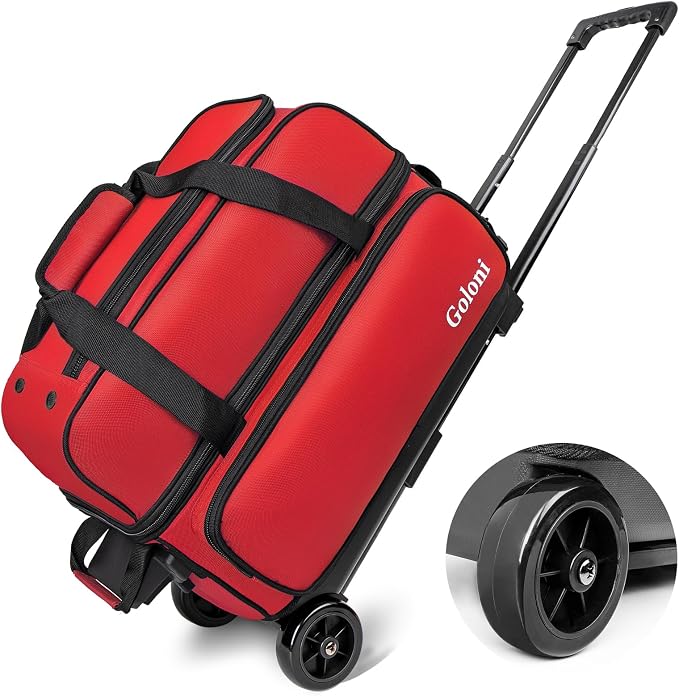 Goloni Double Roller 2 Ball Bowling Bag with Separate Shoe Compartment,2 Ball Bowling Bag with Wheels,Retractable Handle Extends to 40"