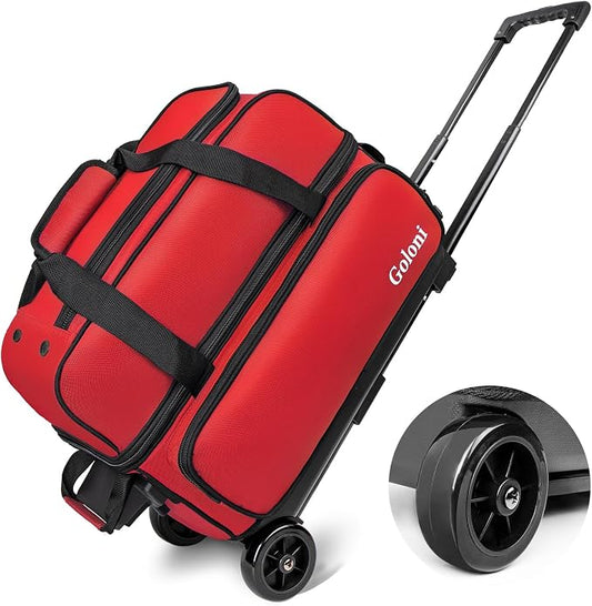 Goloni Double Roller 2 Ball Bowling Bag with Separate Shoe Compartment,2 Ball Bowling Bag with Wheels,Retractable Handle Extends to 40"