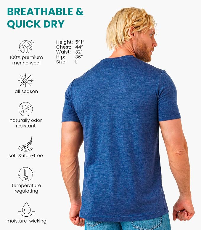 Merino Wool T-Shirt Mens - Merino Wool Undershirt Thermal Shirt for Men and Hiking Socks