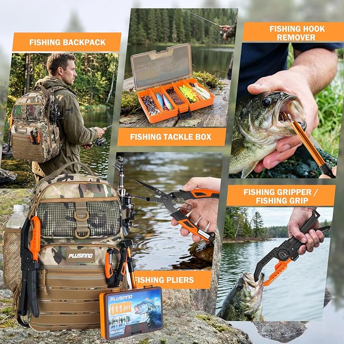 PLUSINNO Fishing Gear, Fishing Backpack with Fishing Rod, Tackle Box, Waterproof Tackle Backpack with Rod Holders,Lures, Tools, Pliers & Accessories, Fish Gifts for Men