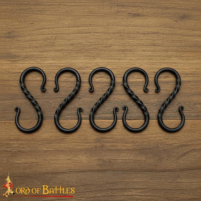 Lord of Battles Twisted Hand Forged Iron S-Hooks Set of 5 - Medieval Rustic Twisted Black S-Shaped Heavy Duty Hanging Hooks for Kitchen, Camping, Garden & Home