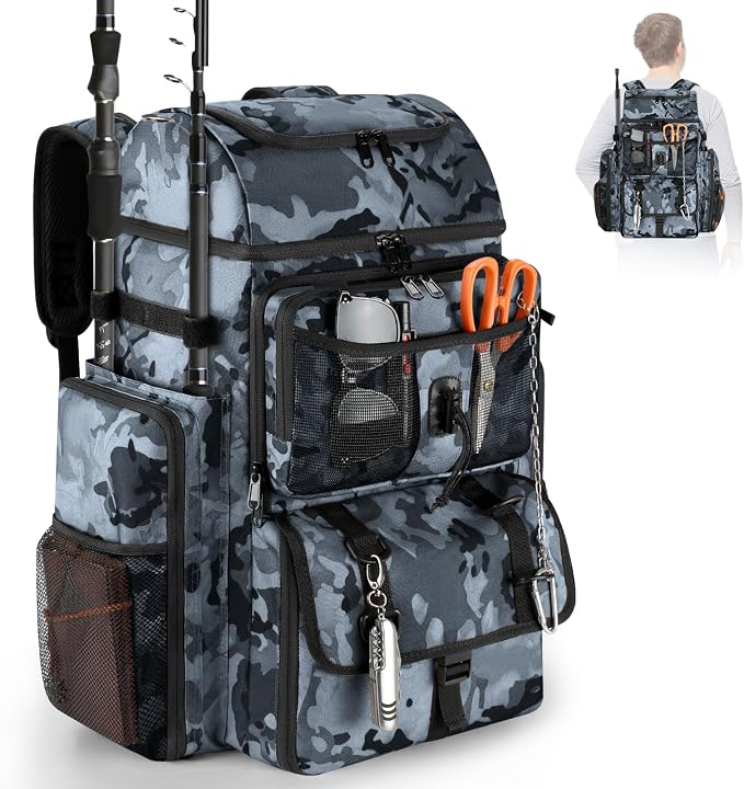 VJI Fishing Tackle Backpack with Rod Holder, Large Tactical Backpack, Fishing Gear Tackle Box Tactical Backpack, Water Resistant Sport Bag and Equipment