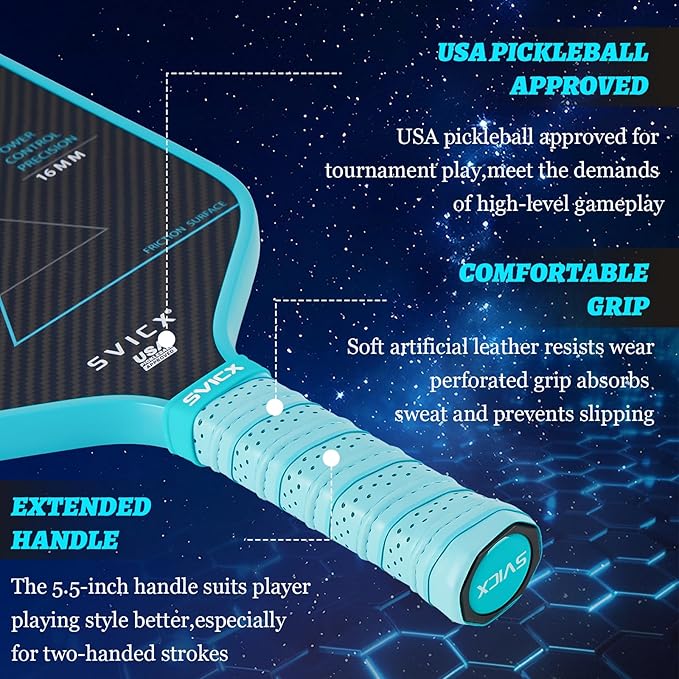 Carbon Fiber Pickleball Paddle 16mm – Professional Pickleball Paddles with Superior Control, Power & Spin – Extended Handle for Two-Handed Grip, USAPA Approved