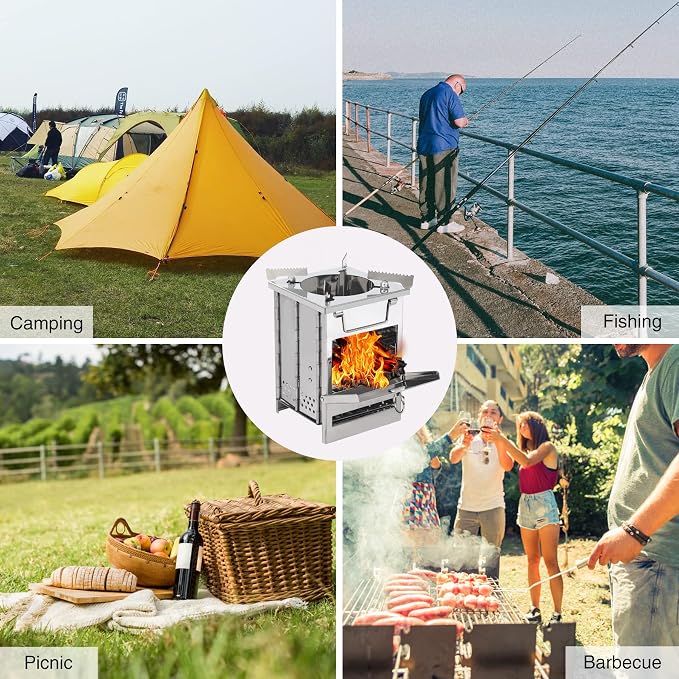 REDCAMP Wood Burning Folding Camp Stove Stainless Steel Grid and Pot Stand, Portable Collapsible Backpacking Stove Survival Rocket Stove for Hiking Outdoor Tent Camping Picnic, Samll with Pot Stand