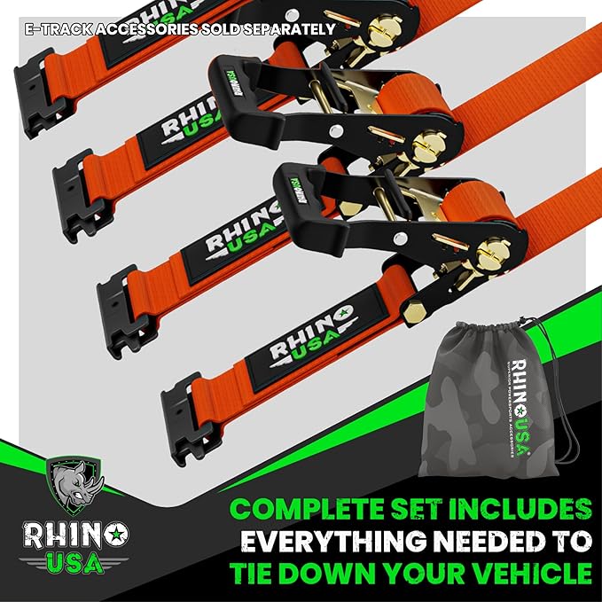 Rhino USA E Track Ratchet Tie Down Straps (4,500lb Break Strength) - Includes (4) Premium 2" x 16' eTrack Tie Downs - Ultimate Heavy Duty eTrack Cargo Strap System for Trailer, Truck, Motorcycle