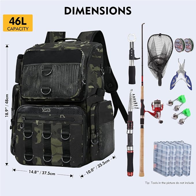 MGB Fishing Tackle Backpack with Rod Holders & YKK Zipper, 46L Fishing Bag with Bottle Holder, Storage Bag Store Fishing Gear