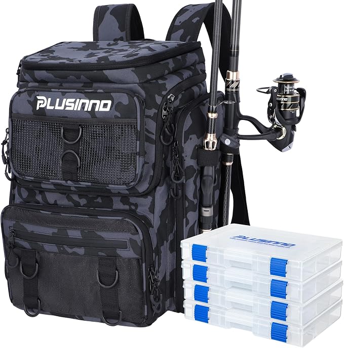 PLUSINNO Fishing Tackle Backpack with Rod Holders，42L Water-resistant Fishing Bag Store Fishing Gear, Fisher Gifts For Men.