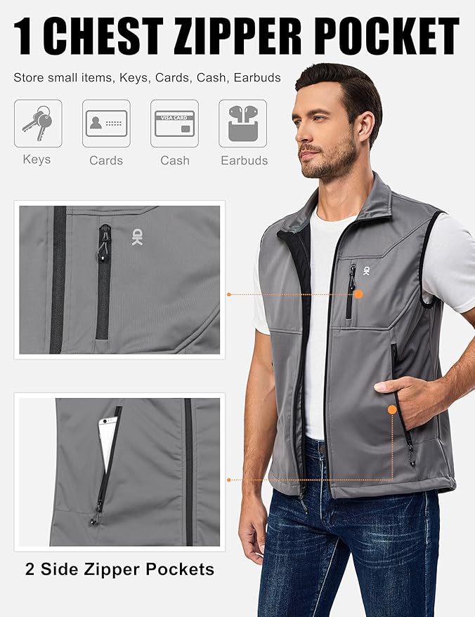Little Donkey Andy Men's Lightweight Softshell Vest Windproof Sleeveless Jacket for Travel Hiking Running Golf