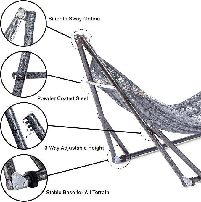 Best Home Fashion Portable Hammock with Collapsible Steel Stand, 450 lbs Capacity, No Tools Assembly, Carrying Bag Included, Perfect for Indoor Outdoor Backyard Patio Camping Beach, Grey