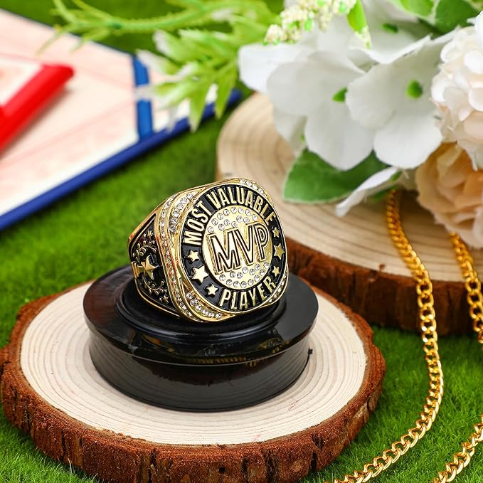 Highergo 1 PC Champion Mvp Rings Baseball Soccer Basketball Volleyball Football Softball Trophy Ring with Display Stand and Neck Chain Size 11 for Winner Tournament Award Gift(Baseball)