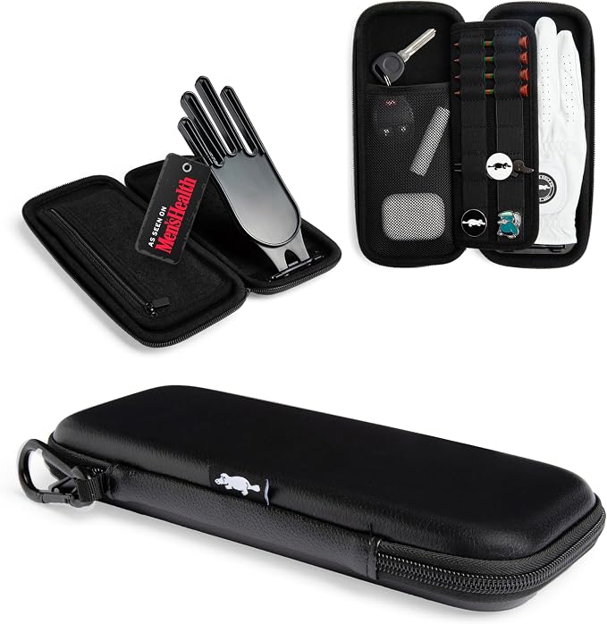 Platypus Golf Co. Golfing Caddie EVA Travel Case Organizer with Bamboo Tees & Ball Marker - Hand Reversible Hinging Glove Shaper & Holder, Mesh Pocket & Storage Slots, Golfers Cases for Men & Women