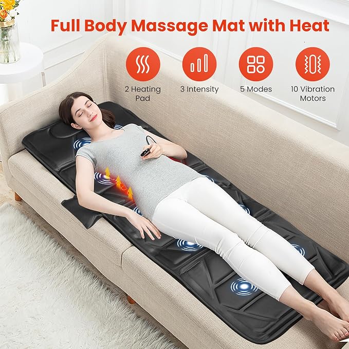 CooCoCo Massage Mat with Heat, Full Body Massage Mat with 10 Vibration Motors, Back Massager for Neck and Back, Bed Massager for Shoulder Leg, Back Massage Pad for Dad Mom, Gifts for Men Women