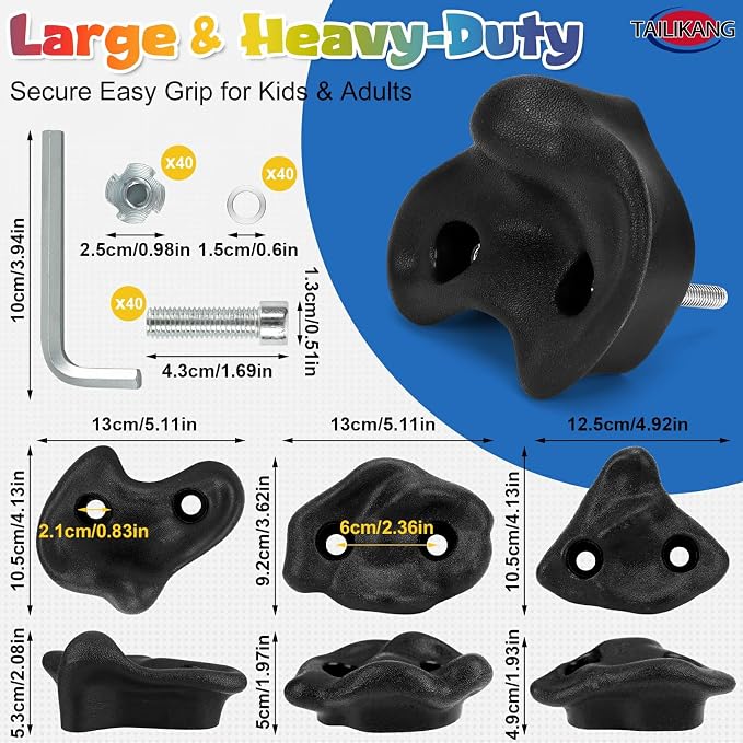 Rock Climbing Holds, 20 Pack Large Climbing Wall Grips, Indoor Outdoor Climbing Accessories with Hardware for Climbing Frames, Tree Houses, Playroom and Adult Obstacle Courses, Black 3-Shapes