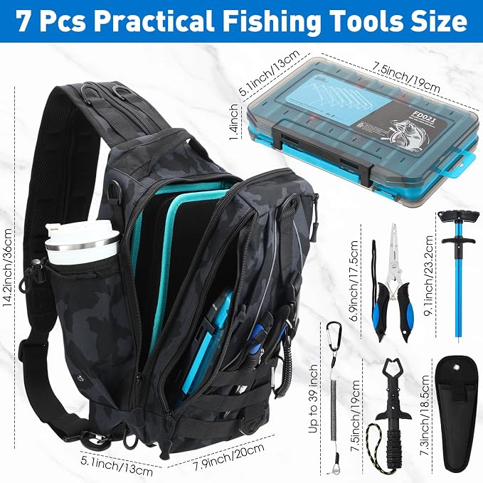 Soulchen 255 Pcs Fishing Backpack with Tackle Boxes and Gears Tackle Sling Bag Backpack with Fishing Hooks, Lures, Pliers, Lip Gripper, Hook Remover, Fish Gifts for Men