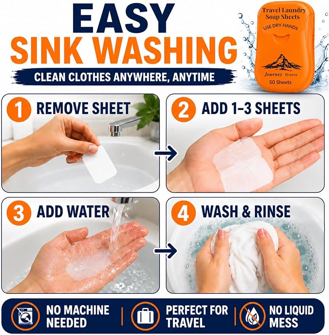 Travel Laundry Detergent Sheets and Travel Clothesline – Laundry Detergent Sheets 50-Count + Portable Clothesline for Hotels, Cruises & Camping, Compact Sink Laundry Set for Trips & Small Spaces