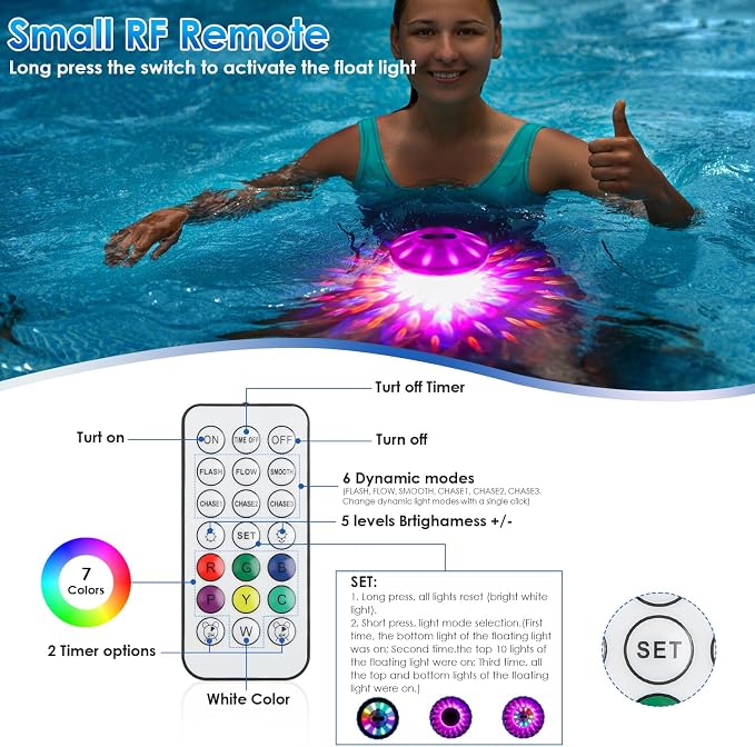 QOLNBY Floating Pool Lights(2 Pack), IP68 Waterproof Pool Lights, Rechargeable RGB Upper and Lower Color Changing Pool Lights with 6 Dynamic Lighting Effects, Floating Light for Pond Gardens,Party