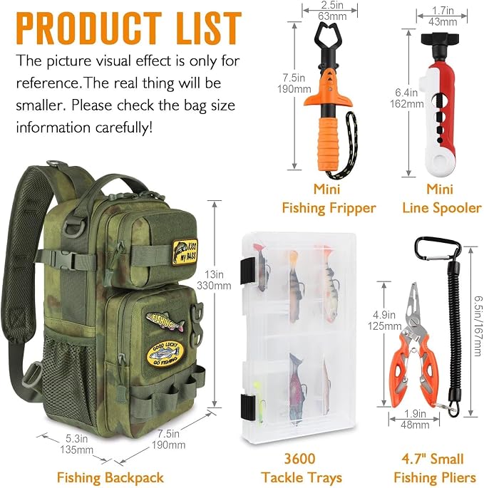 Dovesun Small Fishing Backpack Fishing Sling Bag with 3600 Tackle Box Small Tackle Backpack with Tool Set Green