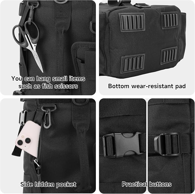 KOMCLUB Black Fishing Sling Tackle Storage Backpack, Large with Rain Cover‌ | Waterproof Outdoor Fishing Bag, Ideal Fishing Gifts for Men, Fits All-Day Fishing Trips
