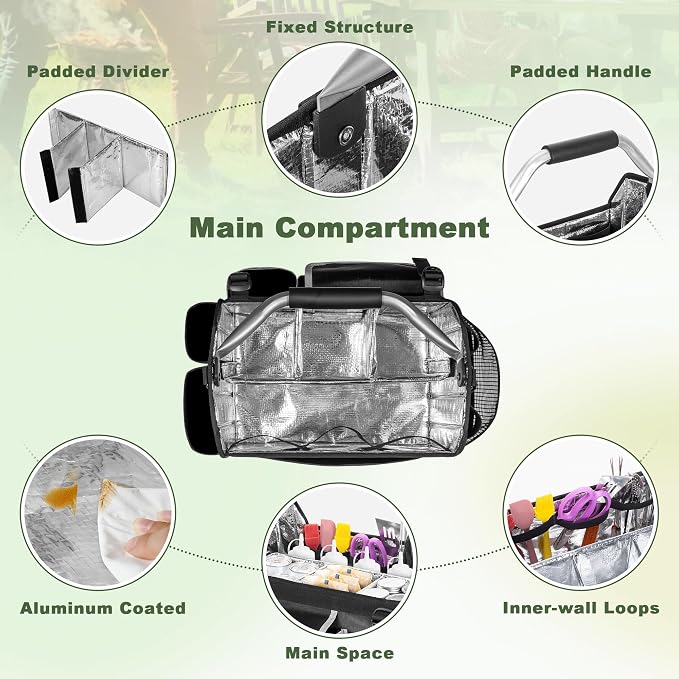 HODRANT Outdoor Grill Utensil Caddy, BBQ Tool Organizer with Divider & Support Pad for Tailgating Essentials, Picnic Storage Bag with Handle & Shoulder Strap for Camping Grill Accessories, Bag Only