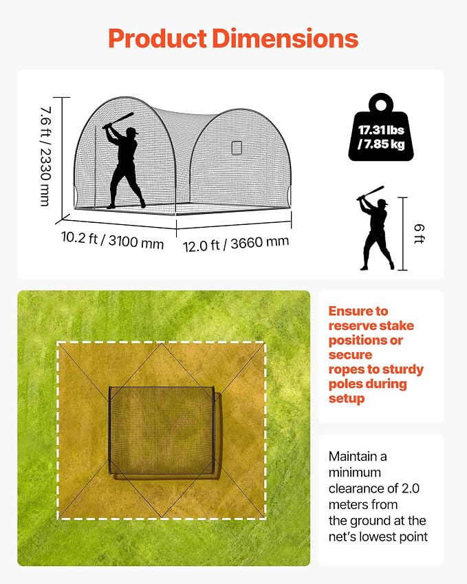 VEVOR Baseball Batting Cage,Professional Softball Baseball Batting Hitting Training Net,Heavy Duty Enclosed PE Practice Portable Pitching Cage Net&Carry Bag,for Backyard,Field,Indoor&Outdoor