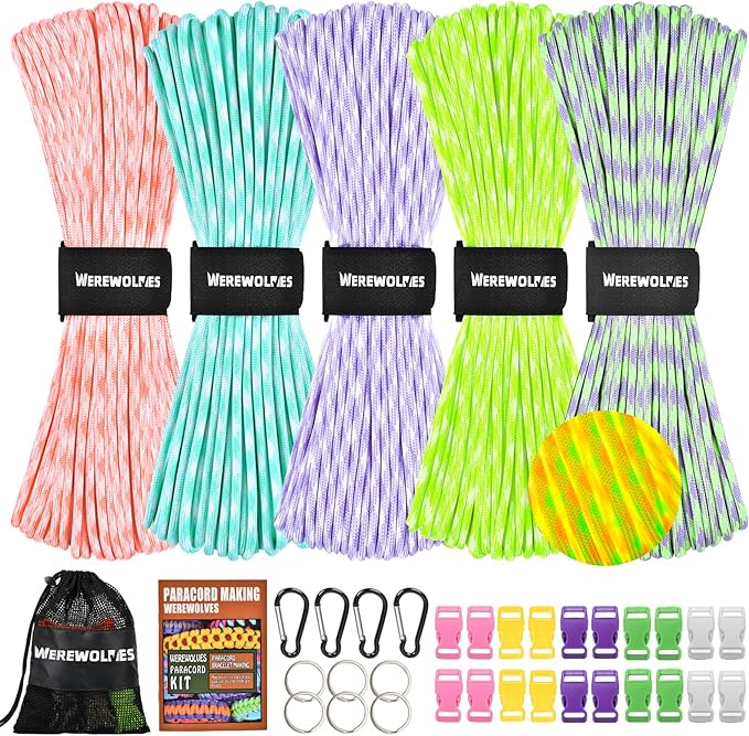 WEREWOLVES 550 Paracord Kits 100ft Each Color - 5 Colors Parachute Cord Combo 7 Strand Type III Parachute Cord 4mm for Crafting, Dog Collar, Survival Bracelets